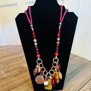 Chicos‎ Tribal Boho Multi-Color Copal Beads Necklace Statement Goldtone Cord